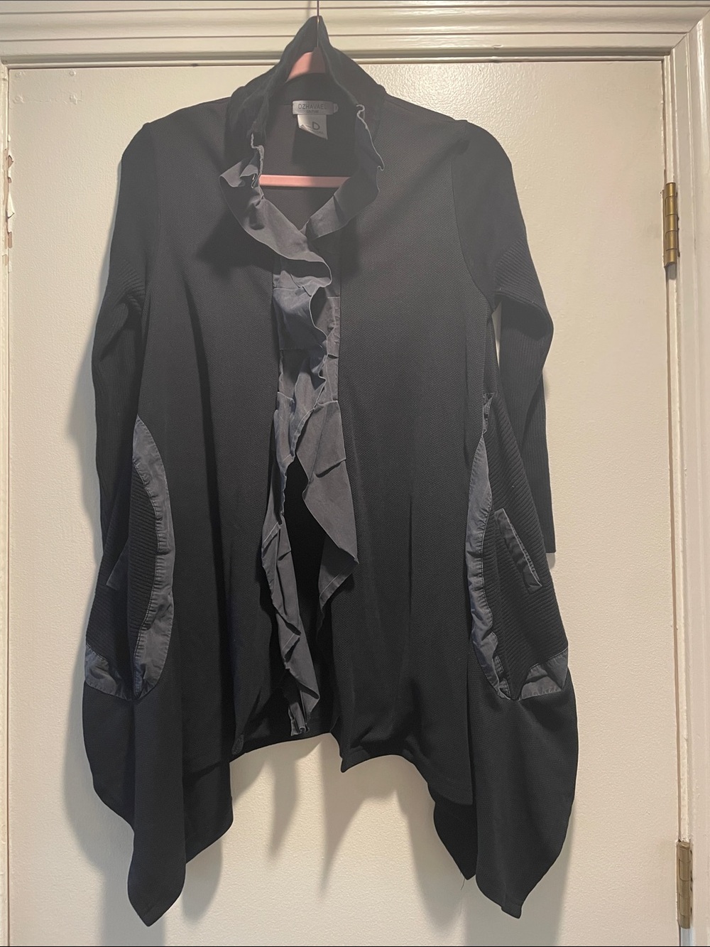 Dzhavel Couture Black  Textured Ruffled Cardigan Tunic Sweater